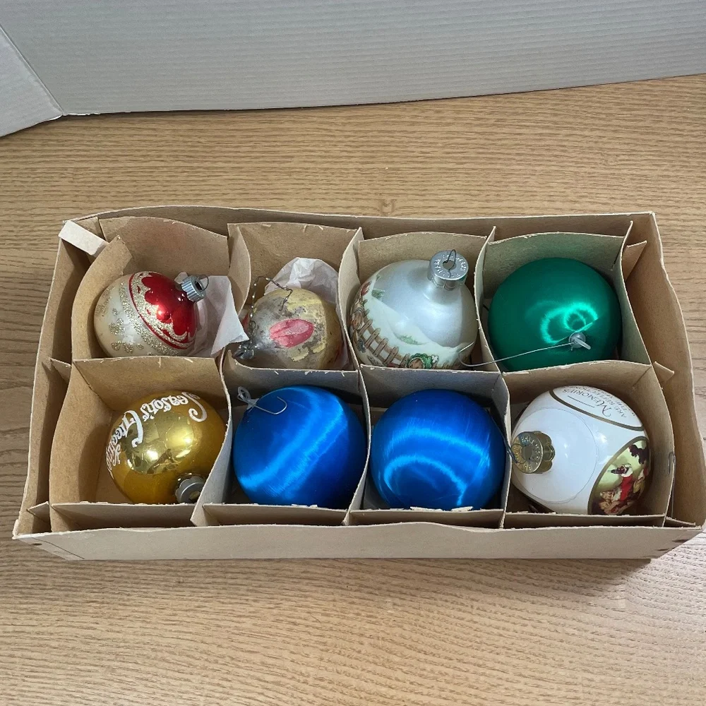 Set of 8 Vintage Christmas Ornaments Shiny Brite Satin Sheen Hallmark Made USA